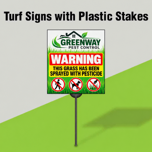 A Greenway Pest Control Turf Signs With Plastic Stakes reading: WARNING THIS GRASS HAS BEEN SPRAYED WITH PESTICIDE, with icons showing no walking, no dogs, and no grass touching.