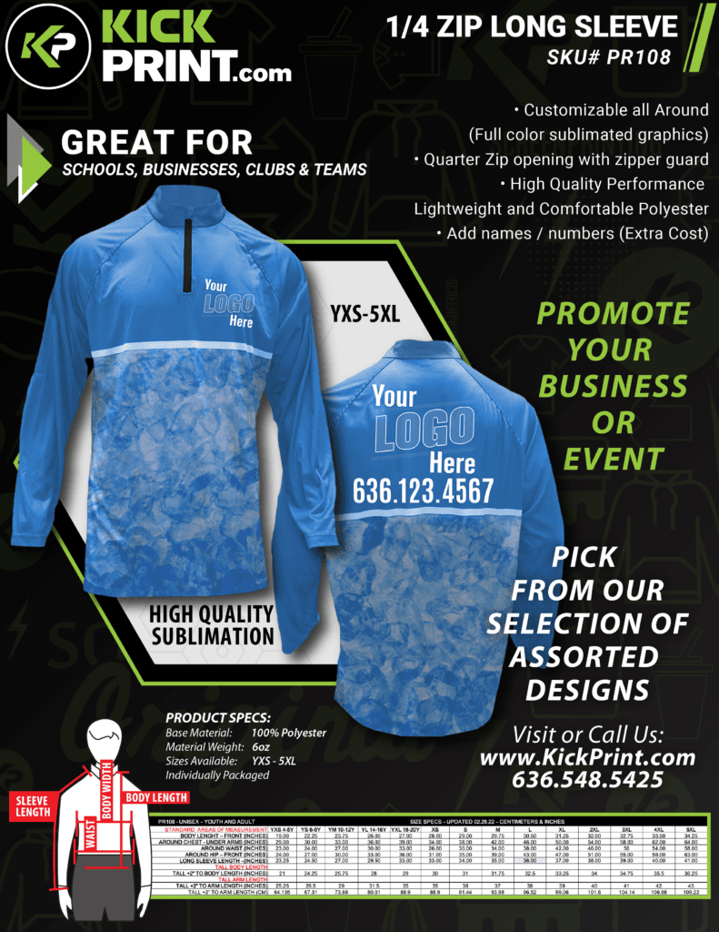 Dye Sublimation Quarter Zip Long Sleeve 6oz Kick Print