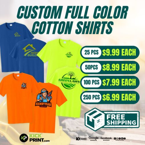 Full Color Work Shirt Sale! Custom blue, green, orange & yellow cotton shirts with your logo: 25 for $9.99 ea, 50 for $8.99 ea, 100 for $7.99 ea, 250 for $6.99 ea. Free shipping included!.