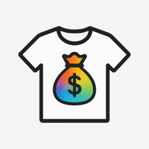 A white T-shirt icon with a large, rainbow-colored money bag symbol featuring a dollar sign printed on the front.