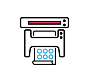 Icon of a printer with a paper coming out, featuring blue circles on the paper and a red line at the top, on a plain white background.